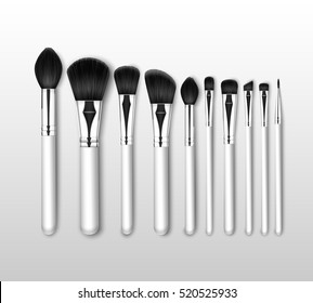 Vector Set of Black Clean Professional Makeup Concealer Powder Blush Eye Shadow Brow Brushes with White Handles Isolated on White Background