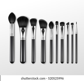 Vector Set of Black Clean Professional Makeup Concealer Powder Blush Eye Shadow Brow Brushes with Black Handles Isolated on White Background