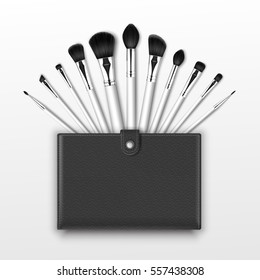 Vector Set of Black Clean Professional Makeup Concealer Powder Blush Eye Shadow Brow Brushes with White Handles and Black Leather Case Isolated on White Background