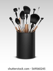 Vector Set of Black Clean Professional Makeup Concealer Powder Blush Eye Shadow Brow Brushes with Wooden Handles in Black Leather Tube Isolated on White Background