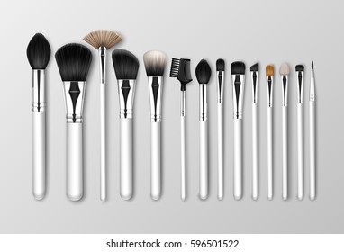 Vector Set of Black Clean Professional Makeup Concealer Powder Blush Eye Shadow Brow Brushes with White Handles Isolated on White Background