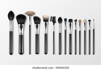 Vector Set of Black Clean Professional Makeup Concealer Powder Blush Eye Shadow Brow Brushes with Black Handles Isolated on White Background