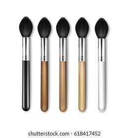 Vector Set of Black Clean Professional Makeup Blush Brush with Black White Wooden Handle Isolated on White Background