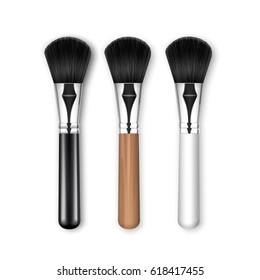 Vector Set of Black Clean Professional Makeup Powder Brush with Black and White Wooden Handle Isolated on White Background