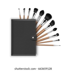 Vector Set of Black Clean Professional Makeup Concealer Powder Blush Eye Shadow Brow Brushes with Wooden Handles and Black Leather Case Isolated on White Background