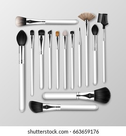 Vector Set of Black Clean Professional Makeup Concealer Powder Blush Eye Shadow Brow Brushes with White Handles Isolated on White Background