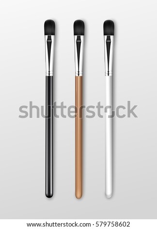 Vector Set of Black Clean Professional Makeup Concealer Eye Shadow Brushes with Black White Wooden Handles Isolated on White Background