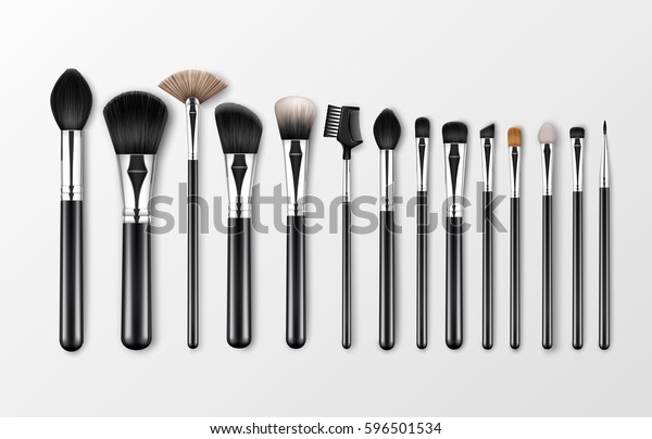 Vector Set of Black Clean Professional Makeup\
Concealer Powder Blush Eye Shadow Brow Brushes with Black Handles\
Isolated on White\
Background