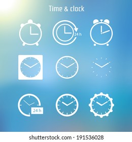 Vector set of black clocks icons on white background. Vector illustration. 