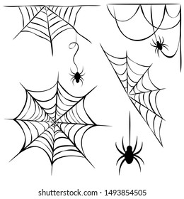 Vector set of black cobweb and hanging spiders isolated on white background. line art of spider webs and spiders for halloween. Scary spider web. cobweb silhouette. Spooky halloween decoration element