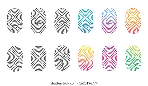 Vector set of black and color fingerprints isolated on white background. Thumb finger print or personal id, unique biometric identity for police or security