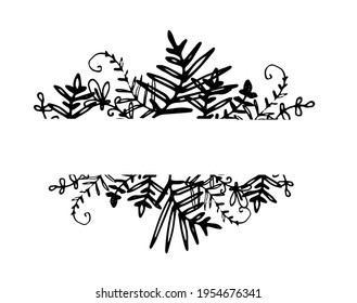 vector set of black color templates with plants straight line. white straight blank rectangle for doodle text twigs with leaves with rounded edges around black color for design template border