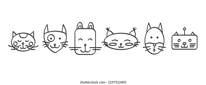 Conjunto vectorial de ilustraciones de gatos de contorno negro sobre un fondo blanco. Colección de caracteres animales para colorear