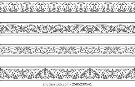 Vector set of black contour classic byzantine ornament. Endless border, Ancient Greece, Eastern Roman Empire frame. Decoration of the Russian Orthodox Church
