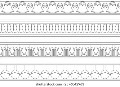 Vector set of black contour seamless Egyptian borders. Endless Ornaments of Ancient Egypt. Geometric African frame.
