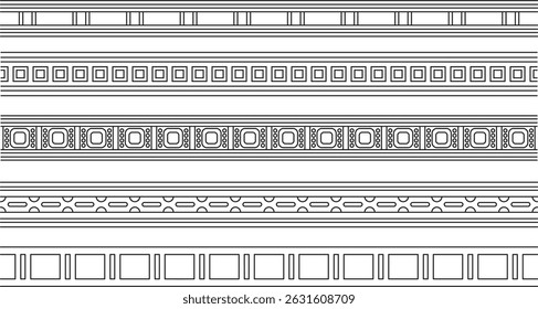 Vector set of black contour seamless Egyptian borders. Endless Ornaments of Ancient Egypt. Geometric African frame.
