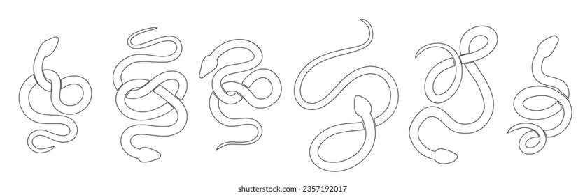 Vector set of black  contour silhouettes of snakes in various poses. Collection of monochrome outline cobras and boas isolated from background. Animal clipart for sublimation, stickers and icons