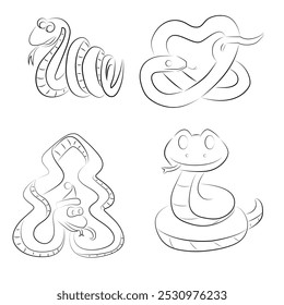Vector set of black contours of funny snakes in the form of a Christmas tree, heart, curled up rings symbol of the year 2025 on a white background