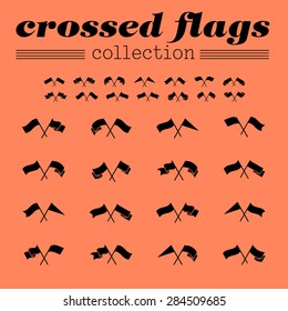Vector set of black crossed flag shapes isolated. Flag elements collection. Heraldry elements. Sale tag design. Label templates.