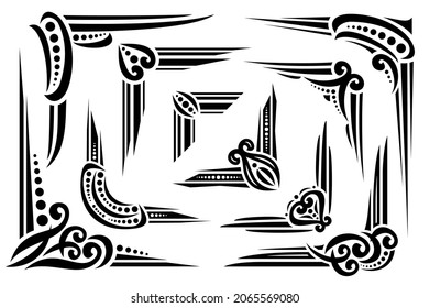 Vector set of black decorative Corners, ornate decoration with swirly flourishes, corners with curls and dots for creating borders, calligraphic design elements for presentation on white background.