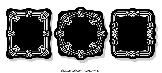 Vector set of black decorative Frames, collection of 3 cut out vintage tags with white elegant illustrations and black copyspace, three square and circle classic frames with shadow on white background