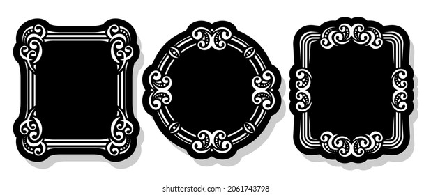 Vector set of black decorative Frames, collection of 3 cut out vintage tags with white elegant illustrations and black copyspace, three square and circle classic frames with shadow on white background