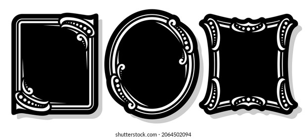 Vector set of black decorative Frames, collection of 3 cut out vintage tags with white elegant illustrations and black copyspace, calligraphic frames for presentation with shadow on white background.