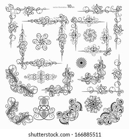 Vector set of black decorative horizontal floral elements, corners, borders, frame .Page decoration