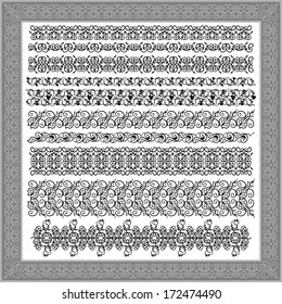 Vector set of black decorative horizontal floral elements, corners, borders, frame .Page decoration