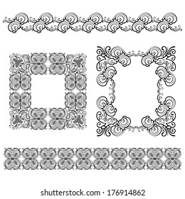 Vector set of black decorative horizontal floral elements, corners, borders, frame .Page decoration