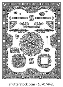 Vector set of black decorative horizontal floral elements, corners, borders, frame .Page decoration