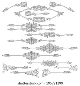 Vector set of black decorative horizontal floral elements, corners, borders, frame