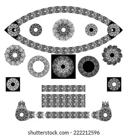 Vector set of black decorative horizontal floral elements, corners, borders, frame .Page decoration