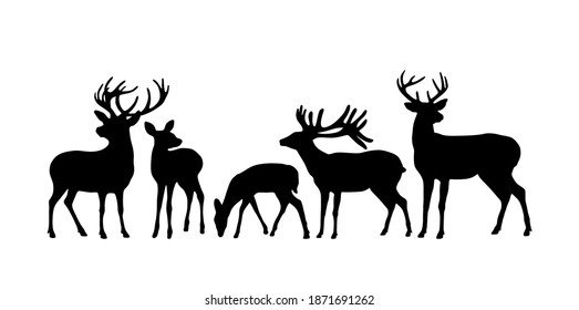 Vector Set Of Black Deer Stag Reindeer With Antlers.Outline Silhouette Stencil Drawing Illustration Isolated On White Background .Sticker.T Shirt Print.Plotter Cutting. Laser Cut. Christmas Decoration