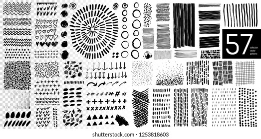 Conjunto vectorial de elementos de diseño negro y texturas aisladas en fondo blanco. Tinta negra, manchas, manchas, pulverización. Triángulos, ondas, óvalos, corazones, trazos, marcos, flechas, patrones para banner.