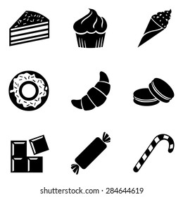 Vector Set of Black Dessert Icons. Sweet-Stuff. Confection. Cake, Brownie, Ice Cream, Doughnut, Croissant, Macaroni, Chocolate, Candy, Candy Cane.