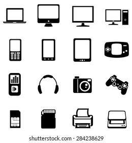 Vector Set of Black Digital Devices Icons. Laptop, Monitor, PC, Mobile, Smartphone, Tablet, Game Consol, Audio Player, Headphones, Camera, Joystick, SIM-card, Memory Card, Printer, Scanner.