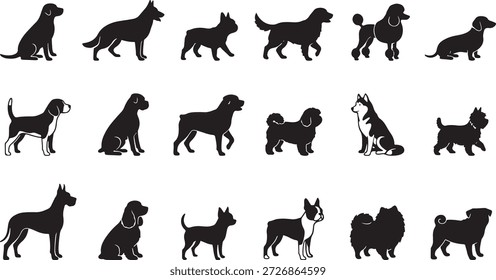 Vector set of black dog breed silhouettes and icons for pet design.