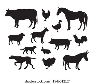 Vector set of black domestic animals silhouette isolated on white background