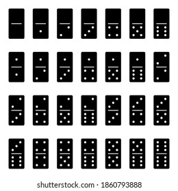 Vector set of black domino bones isolated on white background. 28 pieces for game.