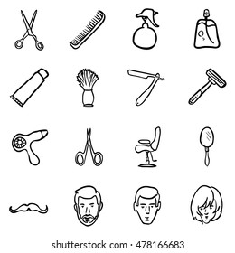 Vector Set of Black Doodle Barber Shop Icons