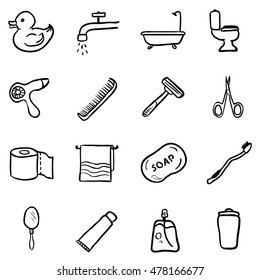 Vector Set of Black Doodle Bathroom and Hygiene Icons.