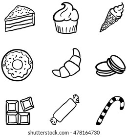 Vector Set of Black Doodle Dessert Icons.