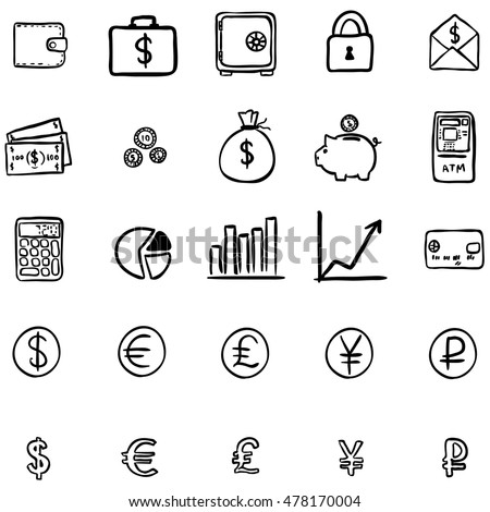 Vector Set Of Black Doodle Finance Icons