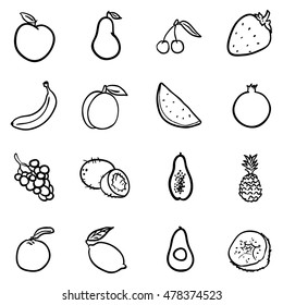 Vector Set of Black Doodle Fruits Icons.