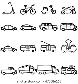 Vector Set of Black Doodle Ground Transportation Icons