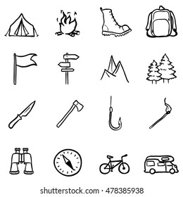 Vector Set of Black Doodle Hiking and Camping icons