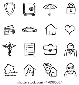 Vector Set of Black Doodle Insurance Icons