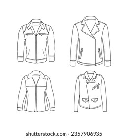 Vector Set de ropa de chaqueta de cuero Black Doodle Iconos