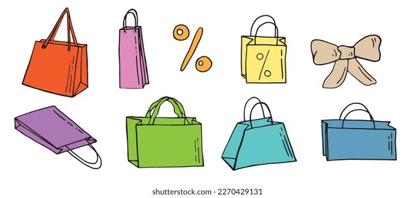 Juego de vectores de Iconos de las bolsas de compras de Doodle Negro.